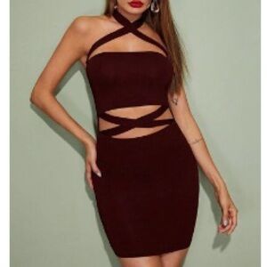 Criss cross front backless body con halter dress
